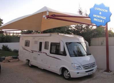 Carport pour camping-car avec couverture de toile et poteaux en métal